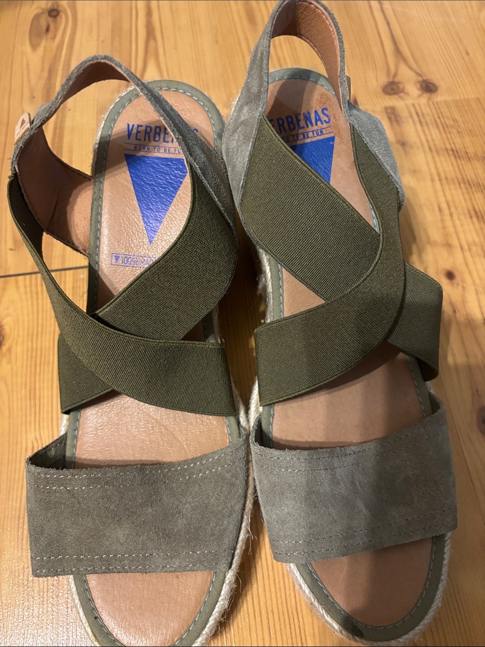 Verbenas Olive Suede Wedge Sandals with Elastic Cross Straps Sz 9.5
